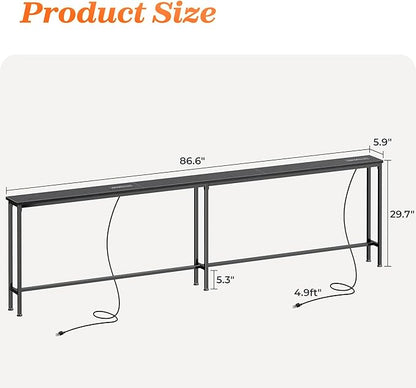SUPERJARE 86.6 Inch Sofa Table with 2 Power Outlets and USB-C Ports, 5.9 Inch Narrow Console Table with Storage, Long Entryway Hallway Couch Table Behind Sofa, Small Spaces, Living Room, Black