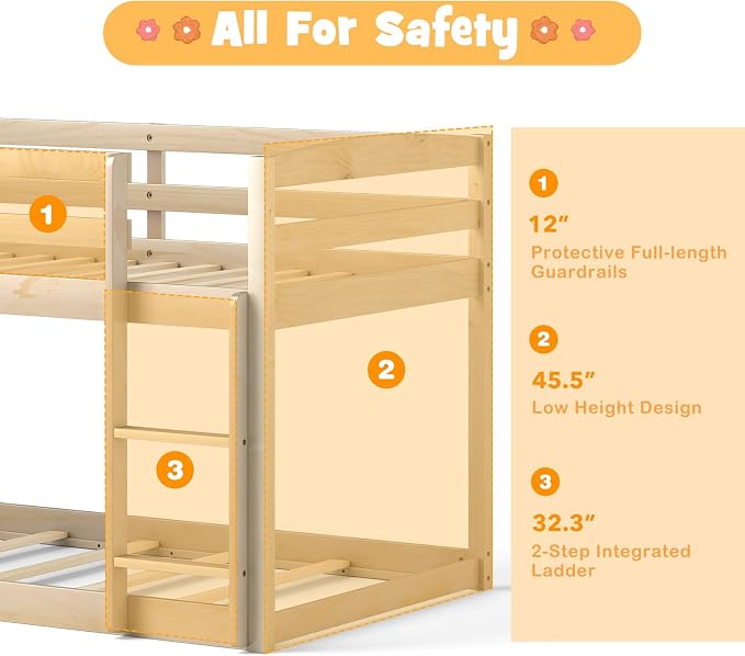 MAT EXPERT Bunk Bed Twin Over Twin, Low Wood Bunk Bed Frame w/Safety Guardrails, Ladder & Slats, Floor Platform Twin Bunk Beds for Kids Toddlers, for Dorm Bedroom, No Box Spring Needed (Natural)