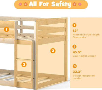 MAT EXPERT Bunk Bed Twin Over Twin, Low Wood Bunk Bed Frame w/Safety Guardrails, Ladder & Slats, Floor Platform Twin Bunk Beds for Kids Toddlers, for Dorm Bedroom, No Box Spring Needed (Natural)