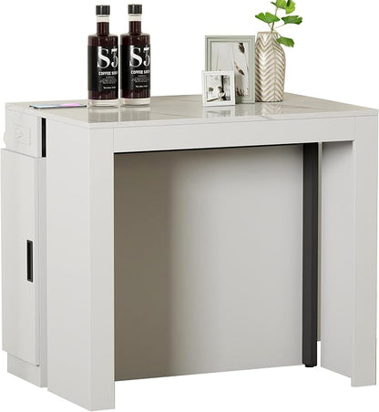 Transformer Dining Table, Expandable Console Table with Outlet & Storage, Extendable Folding Table for 10-12 People, Space Saving Modern Dining Room Furniture, White