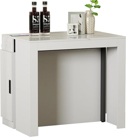 Transformer Dining Table, Expandable Console Table with Outlet & Storage, Extendable Folding Table for 10-12 People, Space Saving Modern Dining Room Furniture, White