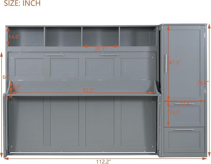 Virubi Full Murphy Bed with Wardrobe Closet,2 Drawer,4 Storage Open Shelves,Wood Folding Murphy Wall Bed Cabinet with Storage, Easy Assembly (Grey,Queen)