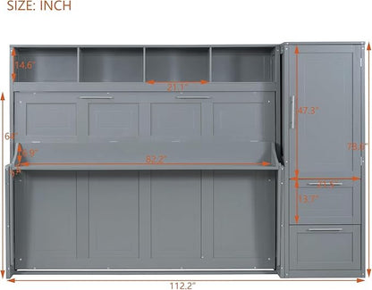 Virubi Full Murphy Bed with Wardrobe Closet,2 Drawer,4 Storage Open Shelves,Wood Folding Murphy Wall Bed Cabinet with Storage, Easy Assembly (Grey,Queen)