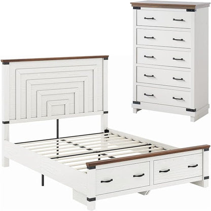 AMERLIFE 2 Pieces Farmhouse Bedroom Set, Includes Wood Rustic Queen Size Bed Frame with 54" Tall Headboard, 48" Tall 5 Drawers Dresser Chest, Heavy Duty Thick Plank Styling, Antique White