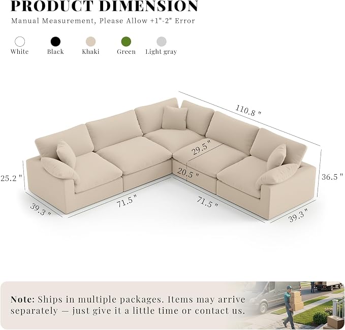 211.6" Cloud Modular Sectional Sofa,Khaki Down Filled Sofa 5 Seat,Minimalist Sofa Cover Washable and Replaceable Couches for Living Room,Sectional Sofa Deep Seat