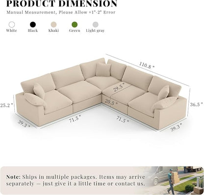 211.6" Cloud Modular Sectional Sofa,Khaki Down Filled Sofa 5 Seat,Minimalist Sofa Cover Washable and Replaceable Couches for Living Room,Sectional Sofa Deep Seat
