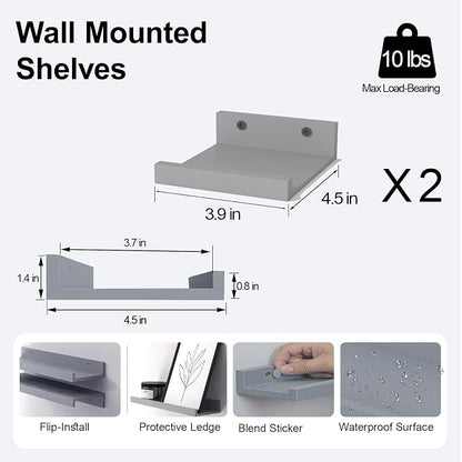 Small Floating Shelves for Wall Decor, Wall Mounted Wood Shelf for Bedroom, Living Room, Bathroom, Kitchen, Nursery, Mini Display Ledge Shelf with Lip Set of 2-4 Inches, Grey