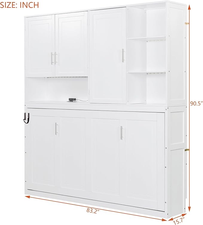 Ball & Cast Murphy Bed Twin Bed Frame with Top Cabinet,Hideaway Bedframe w/Shelves and Dual-Piston Metal Folding Mechanism,Space Saving Foldable Bed w/Light & USB,for Small Room,White
