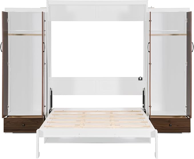 Queen Murphy Bed with Storage Wardrobes, Drawers and Drop-Down Desk | Space-saving wall bed with top LED lights, 500 lbs capacity and recommended 8-inch mattress fit for guest rooms or offices
