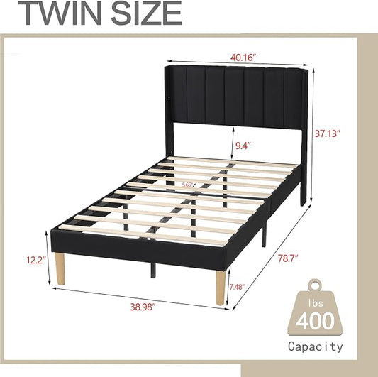 AGARTT Upholstered Platform Bed Frame Twin Size with Headboard and Footboard/Wooden Slats Support/No Box Spring Needed/Easy Assembly,Black Linen