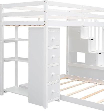 Ball & Cast Twin Over Full Bunk Bed with Safty Guardrail & Storage Stairs,Wood Bedframe W/ 3-Layer Shelves & Drawers,Easy Assembly,Space Saving,Compact Bedroom Furniture Set for Boy Girl Teens,White