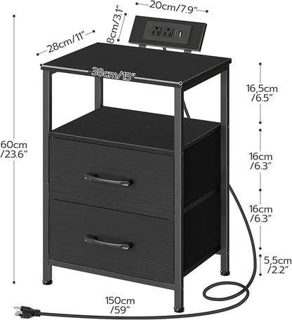 HOOBRO Nightstand with Charging Station, Bedside Table with LED Lights and 2 Fabric Drawers, End Table with 2 AC Outlets and USB Port, Small Night Stand for Bedroom, Black BB118UDBZ01