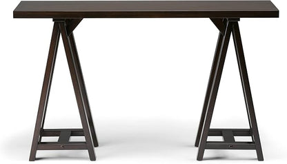 SIMPLIHOME Sawhorse Console Table - 50 Inch Wide Solid Wood Sofa Table in Dark Chestnut Brown, Modern Industrial Entryway Table for Living Room with Extra Thick Top and Sawhorse Legs
