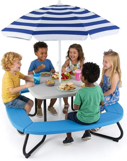 Costzon Kids Picnic Table, 8 Person Kids Outdoor Table and Chairs with Foldable & Adjustable Umbrella, 4 Built-in Benches, Toddler Outdoor Furniture for Backyard, Patio, Garden (Blue)