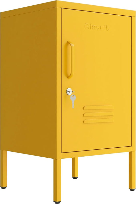 Single Door Lockable Metal End Table & Children's Bedside Table, 2-Tier Storage Cabinet with Adjustable Shelf, Easy Assembly Side Table for Living Room Bedroom Home Office Yellow