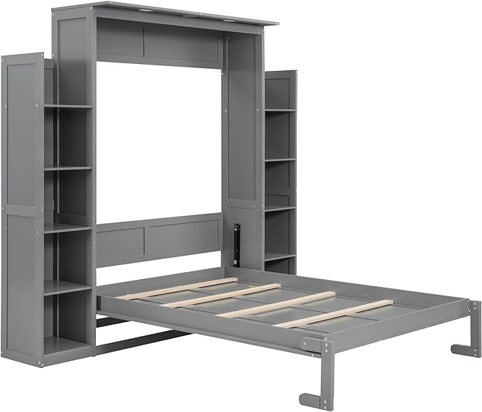 MERITLINE Full Murphy Bed Kit with Storage 8 Shelves and LED Lights, Wood Murphy Bed Cabinet Murphy Bed in a Cabinet Grey Murphy Wall Bed Units Full Size, LP00069