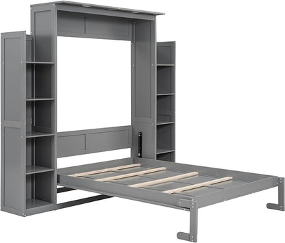 Ball & Cast Full Size Murphy Bed Wall Bed with Shelves and LED Lights,can be Folded,Hideaway Cabinet Bedframe W/ 2 Five-Layer Cabinets,Slat Support,No Box Spring Needed,for Apartment,Bedroom,Gray