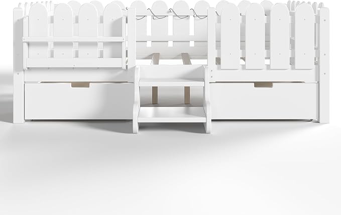 Bellemave Full Size Montessori Bed with Stairs, Lights, Rails and Slats, Full Size Montessori Floor Bed with Bookshelf and 2 Storage Drawers, Easy Assemble Beds Frame for Girls, Boys, White