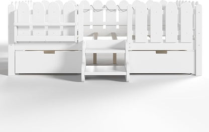Bellemave Full Size Montessori Bed with Stairs, Lights, Rails and Slats, Full Size Montessori Floor Bed with Bookshelf and 2 Storage Drawers, Easy Assemble Beds Frame for Girls, Boys, White