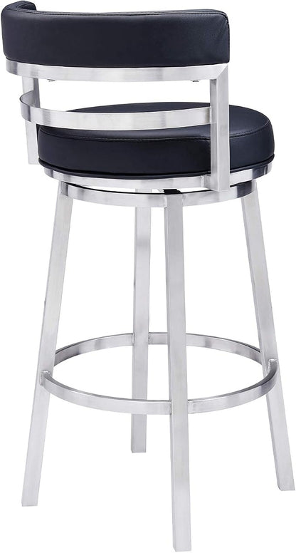 Armen Living Madrid 30" Seat Height Swivel Modern Black Faux Leather and Brushed Stainless Steel Bar Stool for Kitchen Island Counter