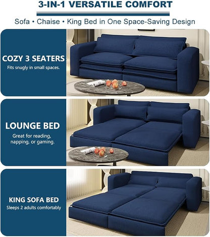 93" King Pull Out Sofa Bed, Boucle Sleeper Sofa Couch, Modern Wide Armrest, 3 in 1 Convertible Futon Couches for Living Room, Small Space, Apartment, Office, Bedroom, Blue