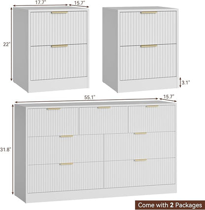7 Drawer Dresser & Nightstand Set 3-Piece, 55” Wide Bedroom Dresser Set Night Stand Set of 2 with Metal Handle, Fluted Modern Wood Chest of Drawers Storage Dressers Set for Bedroom, White