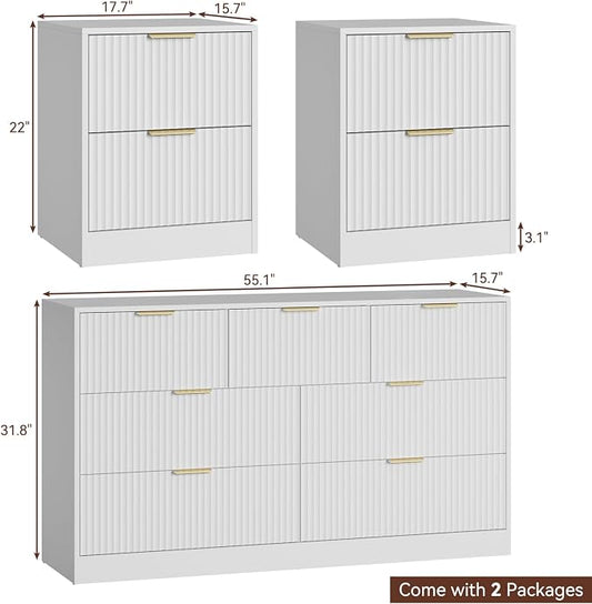 7 Drawer Dresser & Nightstand Set 3-Piece, 55” Wide Bedroom Dresser Set Night Stand Set of 2 with Metal Handle, Fluted Modern Wood Chest of Drawers Storage Dressers Set for Bedroom, White