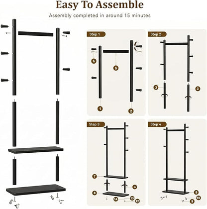 Solid Wood Coat Rack Freestanding Clothing Rack with Wheels & 2 Shelves Storage & 5 Hooks Heavy Duty Clothes Rack Wood Coat Tree Stand Hat Hanger Rack for Corner Bedroom Entryway Living Room Hotel