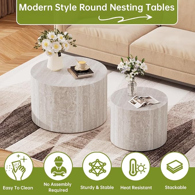 Round Nesting Coffee Tables Modern Travertine Coffee Table Small Round Coffee Tables Circular Side Table Accent End Table Nested Coffee Table Set for Living Room (Travertine B)