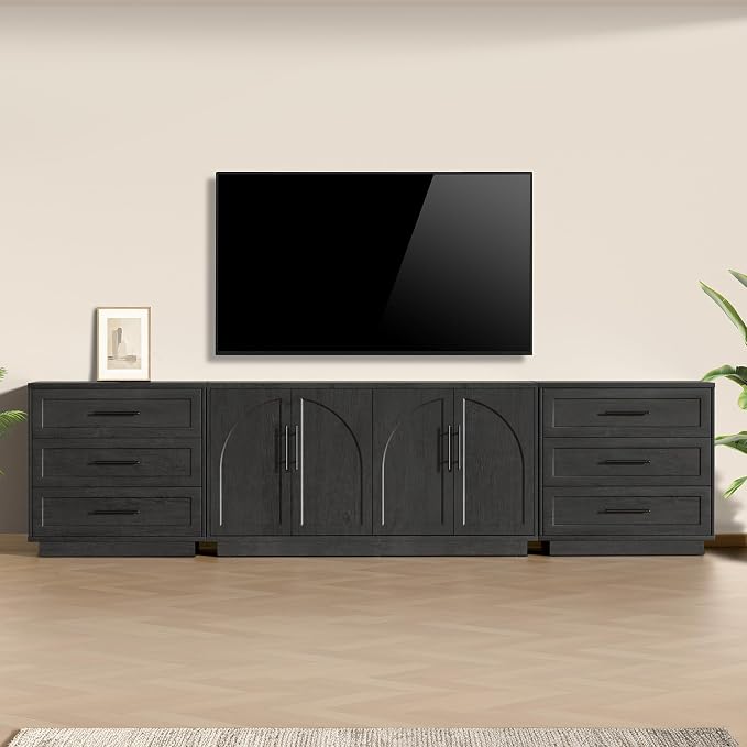 Arden Collection 3-Piece Home Furnishing Set, 59" Arched Buffet Cabinet with 2 Three-Drawer Nightstands, Adjustable Shelves, Wood Grain Design for Living Room, Dining Room & Entryway, Black Grey
