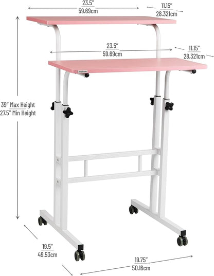 Mind Reader Standing Desk, Adjustable Height Laptop Workstation, Portable Rolling Desk on Wheels, Two-Tier Metal Frame, Pink