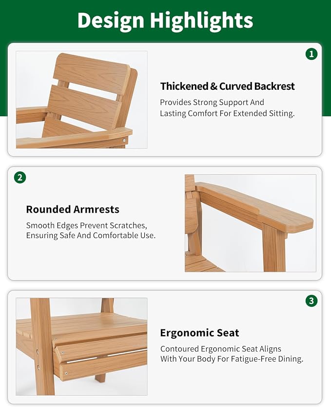 Outdoor Patio Dining Chair Set of 2, All-Weather Patio Chairs with Armrests, Ergonomic Design, Ideal for Garden, Poolside, Backyard, Deck, Teak