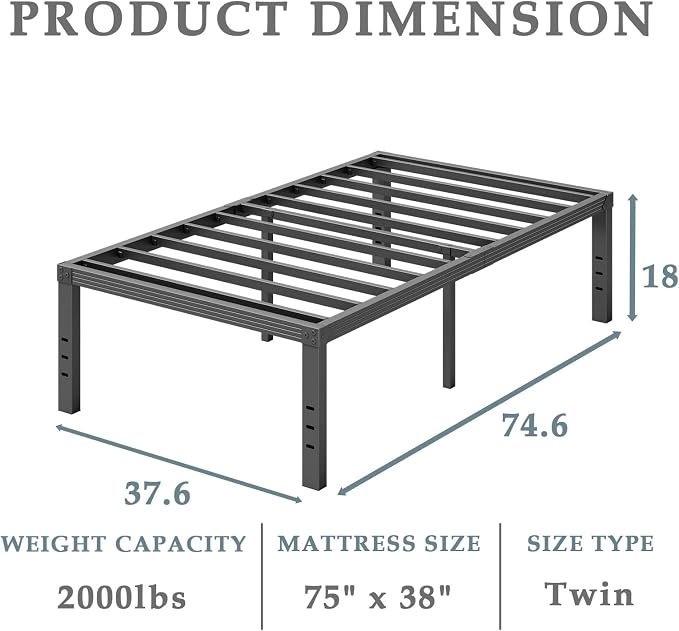 FSCHOS Twin-Bed-Frames / 18 Inch Metal-Bed-Frame-Twin/No Box Spring Needed/Easy Assembly/Reinforced Steel Slats Support/Heavy Duty Mattress Foundation/Noise Free/Black