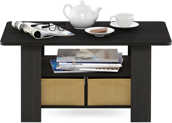 Furinno Andrey Coffee Table, Small Modern Center Table with Storage and Bin Drawer, Side Table for Living Room, Bedroom, Home Office, Dark Espresso