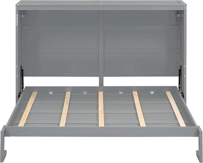 Ball & Cast Queen Size Murphy Bed,Hideaway Beds with Dual Piston Metal Folding Mechanism Designed,Wood Wall Cabinets Bedframe w/Slat Support and Storage Platform Top,Hardware Chain,for Apartment,Gray