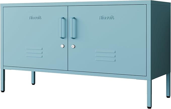 Blue Metal Accent Cabinet Locker with Lock, 2-Door Wide Storage Cabinet, Adjustable Shelves, Multifunctional TV Stand & Entertainment Center for Bedroom, Living Room
