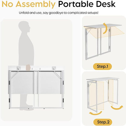 alawooder 39.4" Folding Desk: No Assembly, Wood Top for Small Spaces | 39.4 in dual-monitor workspace, holds 150 lbs, folds flat to 2.3 in, splash-proof top, home office or gaming