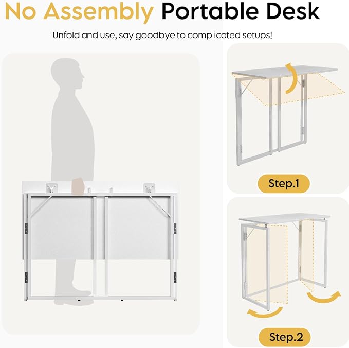 alawooder 31.5" Folding Desk: No Assembly, Wood Top for Small Spaces | Home office desk, holds 150 lbs, folds flat to 2.3 in, splash-proof wood top, sturdy metal frame