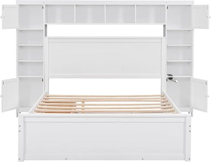 Merax Queen Size Wooden Bed with All-in-One Cabinet and Shelf, White Platform Bed Frame with 2 Drawers, Trundle and Sockets