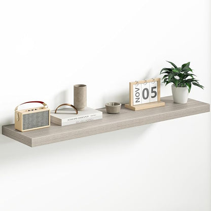 Fun Memories Floating Shelves - 12 Inch Rustic Wooden Wall Shelves - Extra Deeper & Thicker Wall Mounted Storage Shelf for Living Room, Kitchen, Farmhouse - 48" W x 12" D x 1.8" H - Grey