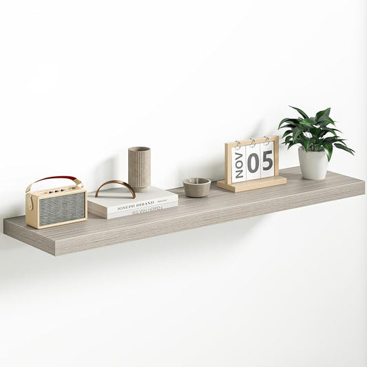 Fun Memories Floating Shelves - 12 Inch Rustic Wooden Wall Shelves - Extra Deeper & Thicker Wall Mounted Storage Shelf for Living Room, Kitchen, Farmhouse - 48" W x 12" D x 1.8" H - Grey