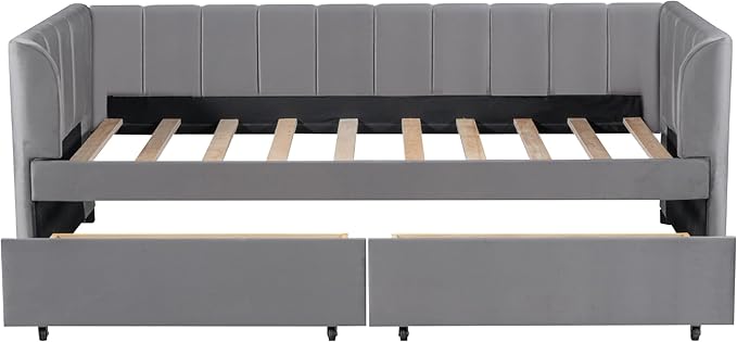 YOPTO Velvet Twin Size Upholstered Daybed with Ergonomic Design Backrest & 2 Drawers, Sofa Bed w/Classic Striped Headboard for Bedroom, Living Room, Guest Room,No Box Spring Needed,Gray