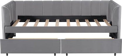 YOPTO Velvet Twin Size Upholstered Daybed with Ergonomic Design Backrest & 2 Drawers, Sofa Bed w/Classic Striped Headboard for Bedroom, Living Room, Guest Room,No Box Spring Needed,Gray