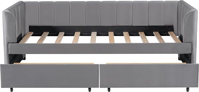 Merax Twin Size Upholstered Daybed with 2 Storage Drawers, Wooden Sofa Bed Frame with Simple Line Design, Grey