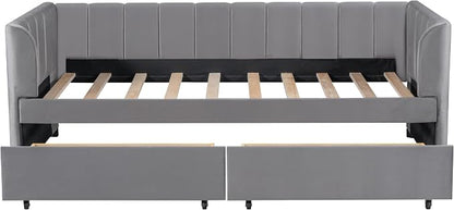 Merax Twin Size Upholstered Daybed with 2 Storage Drawers, Wooden Sofa Bed Frame with Simple Line Design, Grey