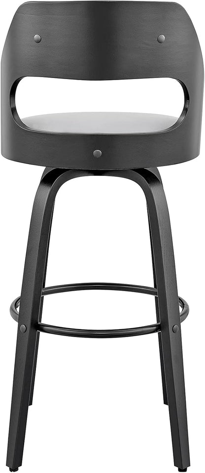Armen Living Julius Mid Century Modern Swivel Bar Stool for Kitchen Island Counter in Gray Faux Leather and Black Wood, 26" Seat Height