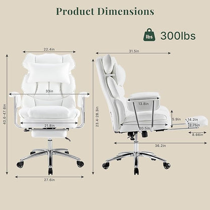 Executive Ergonomic Office Chair, PU Leather High Back Reclining Office Chair with Footrest and Lumbar Support, Height Adjustable Rolling Swivel Computer Chair for Home Office,White