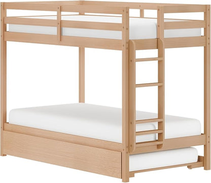 Grain & Grove Bear Twin Over Twin Bunk Bed with Trundle Bed, Sturdy Bunk Bed Frame for Kids, Plywood Bunk with Ladder, Guardrail, and Slats, No Box Spring Required, Oak Embossed Natural