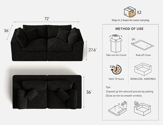 Loveseat Sofa | 72 Inch Modern Boneless Couch for Small Spaces | 2 Seater Small Sofa for Apartment Bedroom Living Room | Black Love Seat