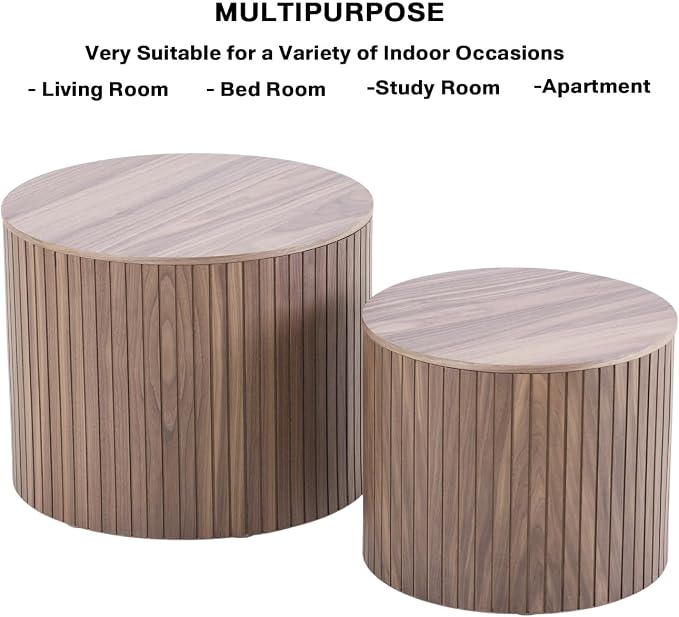 Nesting Coffee Tables Set of 2, Wooden Round Fluted Coffee Tables with Storage, Accent Drum Side Table, Luxury Modern Circle End Table for Small Spaces Living Room Bedroom Balcony Office, Walnut